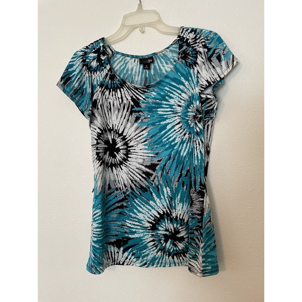 East 5th Blouse Women's Small Short Sleeve Floral Print Drape Neck Blue White